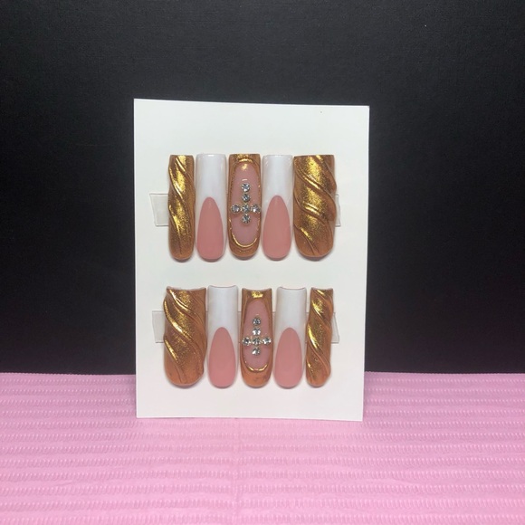 Handmade press on nail set. Long square French and gold design. - Picture 2 of 3